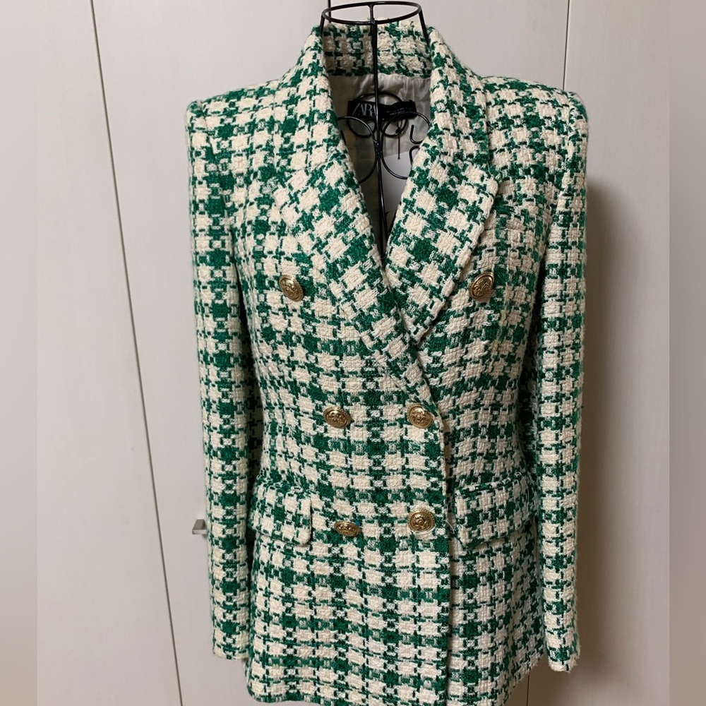BNWT Zara Green and White Double-Breasted Blazer Sz S
